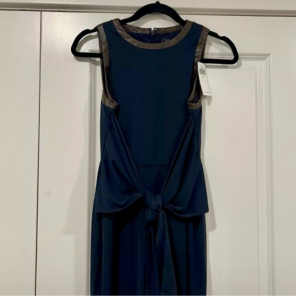 NWT Lauren Ralph Lauren Navy Blue Jumpsuit Brown Leather Size S MSRP $245